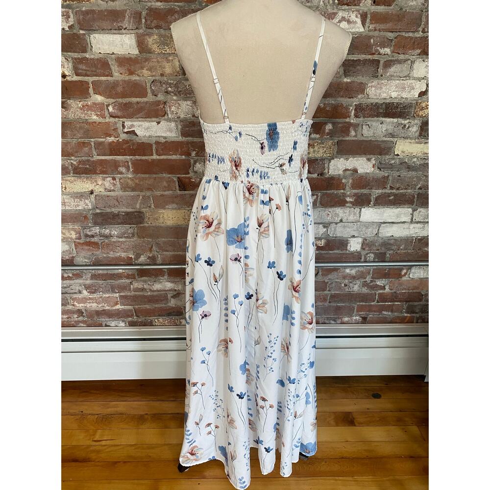 White Floral Spaghetti Strap Maxi Dress Smocked Back Camisole Sundress Women L - Picture 4 of 9